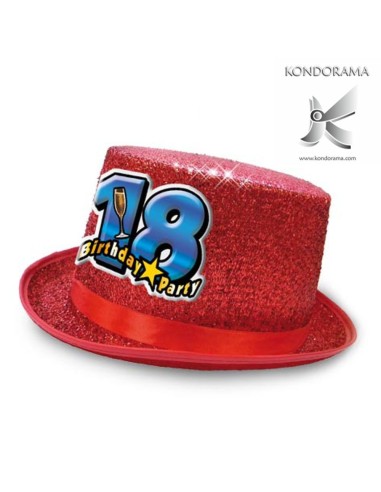 2734-01 CAPPELLO CILINDRO GLITTER ROSSO CON APPLICAZIONE RESINATA 18 ANNI COMPLEANNO - Imagen 1