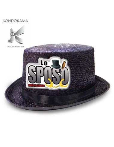 2734-09 CAPPELLO CILINDRO GLITTER NERO CON APPLICAZIONE RESINATA “LO SPOSO” ADDIO AL CELIBATO PARTY - Imagen 1