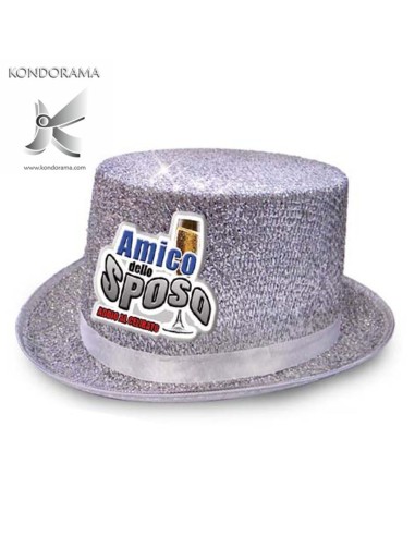 2734-10 CAPPELLO CILINDRO GLITTER ARGENTO CON APPLICAZIONE RESINATA “AMICO DELLO SPOSO” ADDIO AL CELIBATO PARTY - Imagen 1