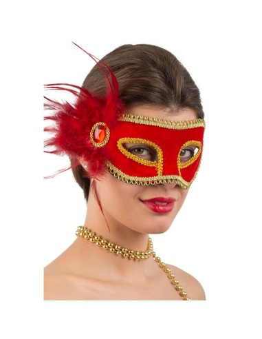 00760-1 MASCHERA ROSSA IN PLASTICA RIGIDA C/VELLUTO, PIUME E GEMMA - Imagen 1